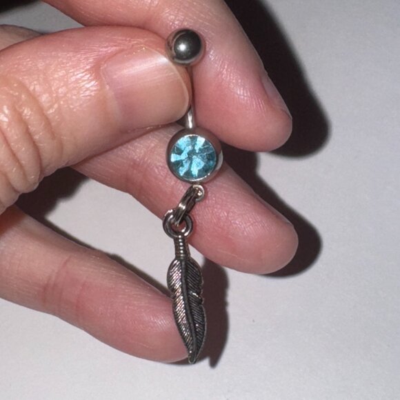 Aqua Blue Gem Feather Dangle Belly Ring - Picture 7 of 9